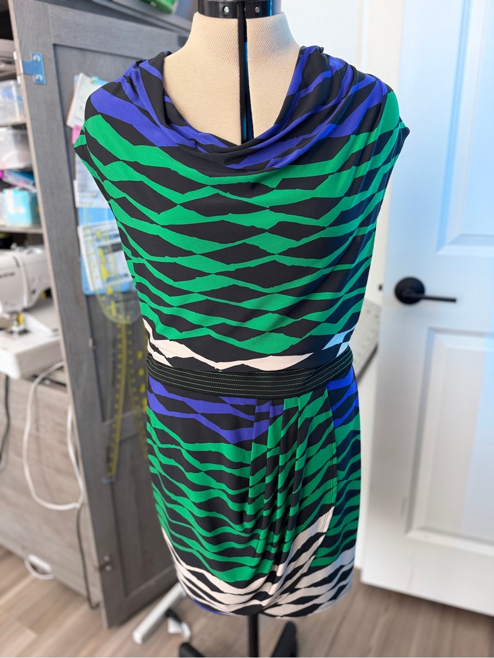 BCBG Green and Black Striped Sleeveless Dress Size S
